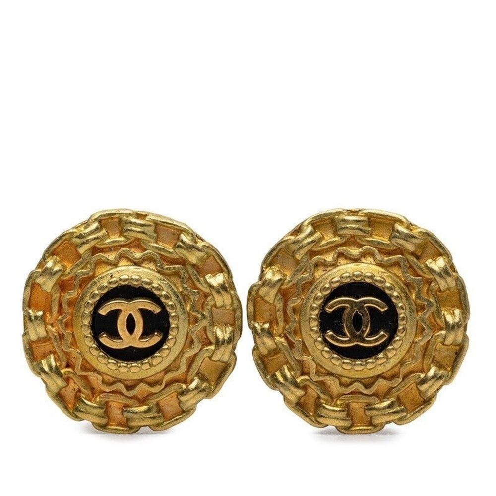 Chanel CC Logo Vintage Earrings 95P Gold Black Plated